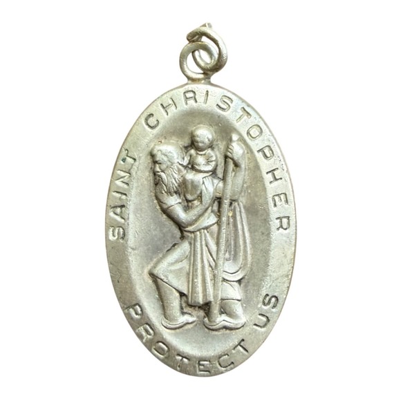 Vintage Jewelry - Vintage PPC Sterling Silver Saint Christopher Protect Us Catholic Pendant
